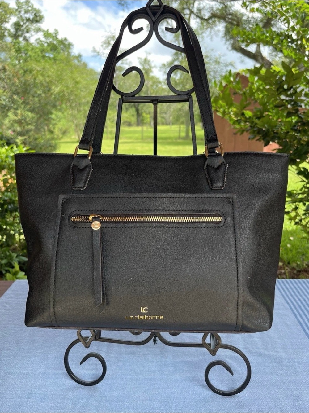 Liz Claiborne “Jessica” Black Leather Shoulder Tote with Gold Hardware